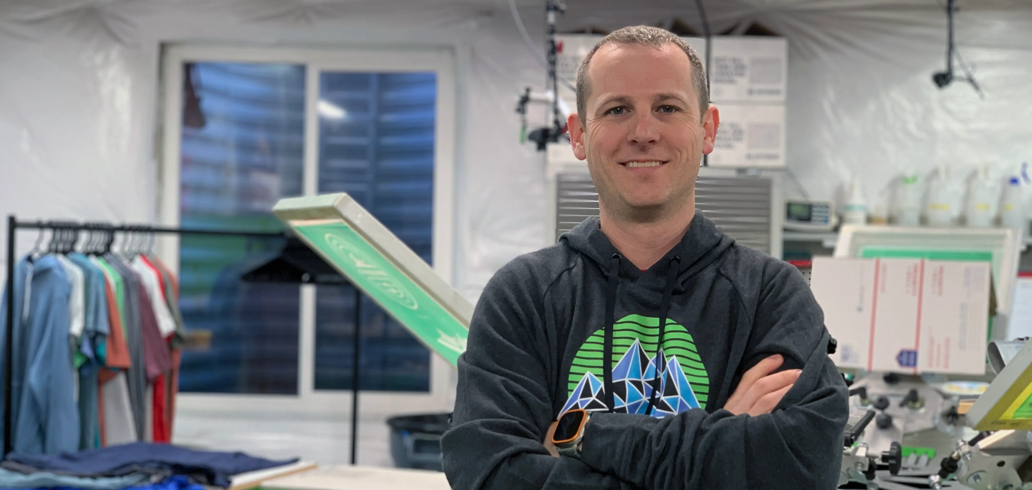 Jesse Poteet in his screen printing shop in Castle Rock, Colorado